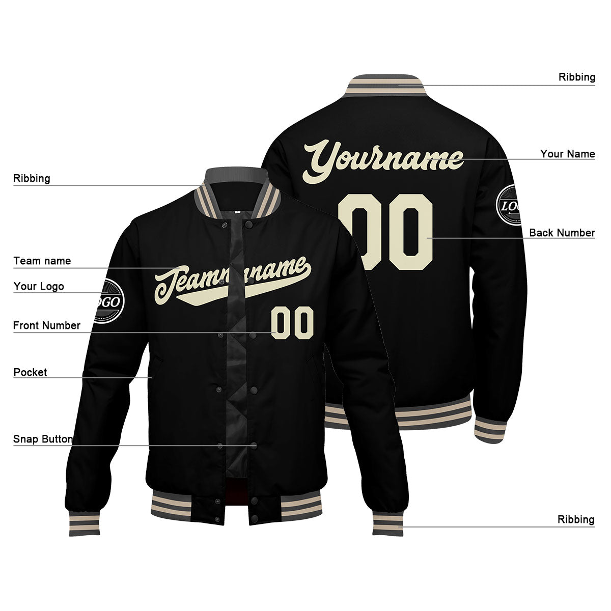 Custom Varsity Jacket Letterman Jacket For Men, Women And Youth Grey Black Cream