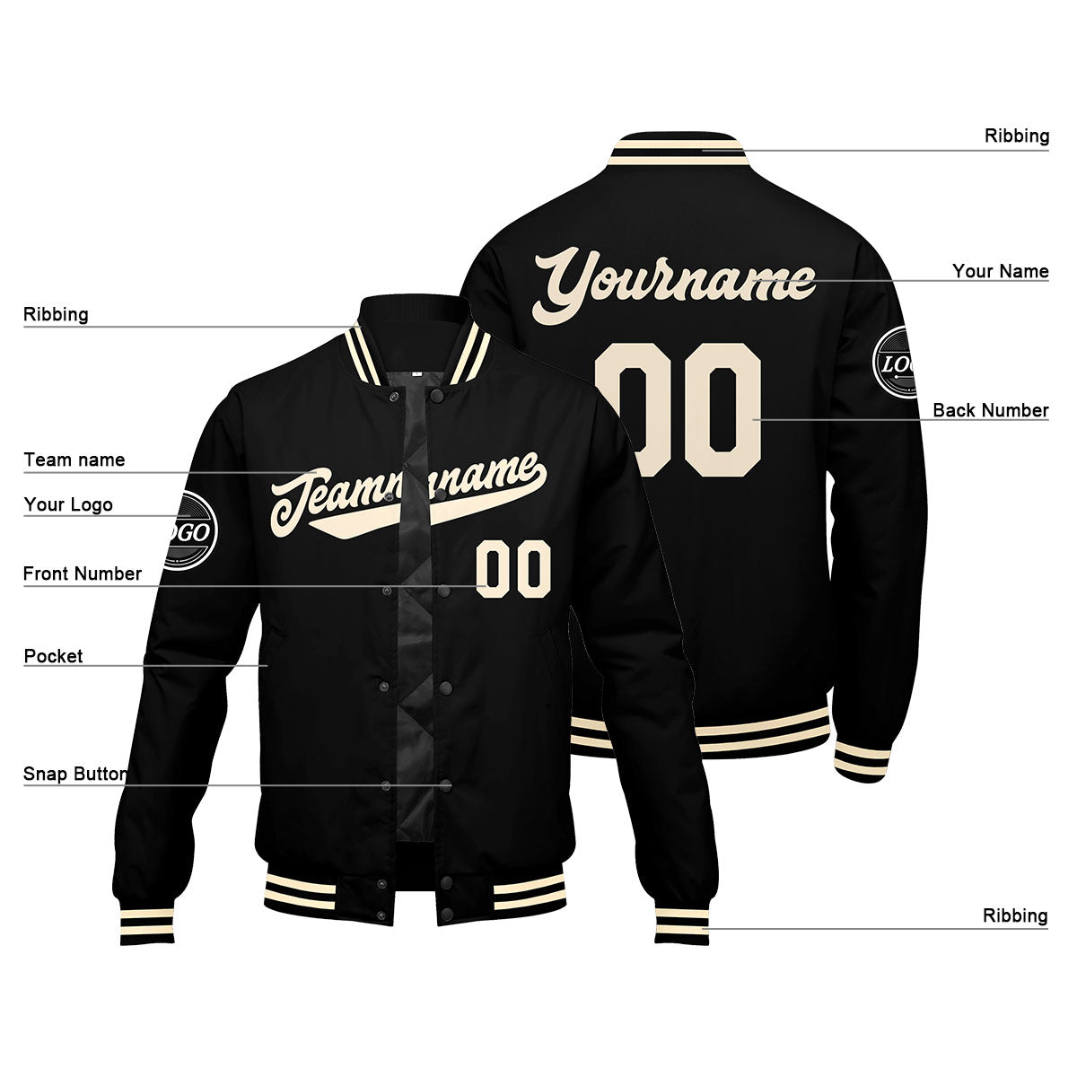 Custom Varsity Jacket Letterman Jacket For Men, Women And Youth Black Cream