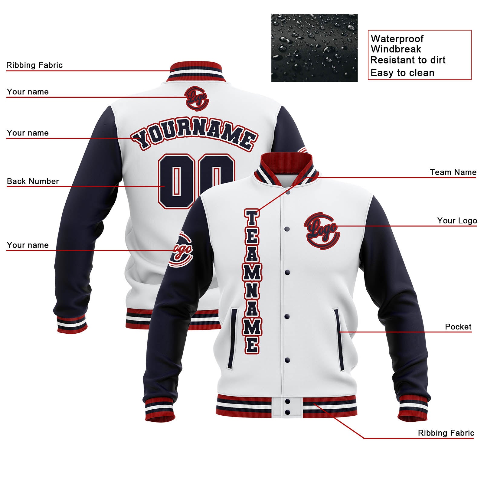 Custom White Navy Red Waterproof Varsity Jackets Personalized Stitched Name Number Logo to Letterman Jackets