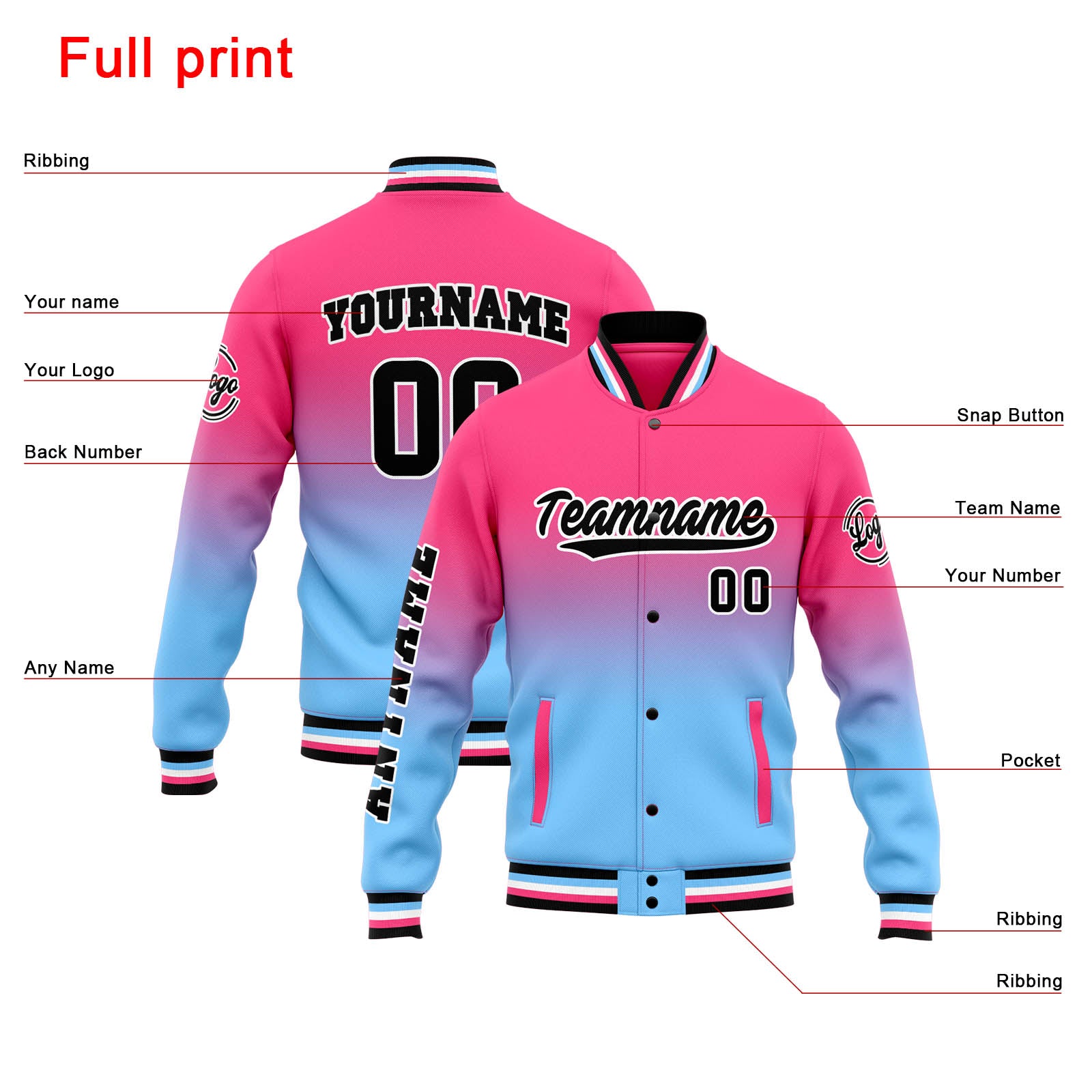 Custom Varsity Jacket Letterman Jacket For Men, Women And Youth Pink Light Blue Gradient