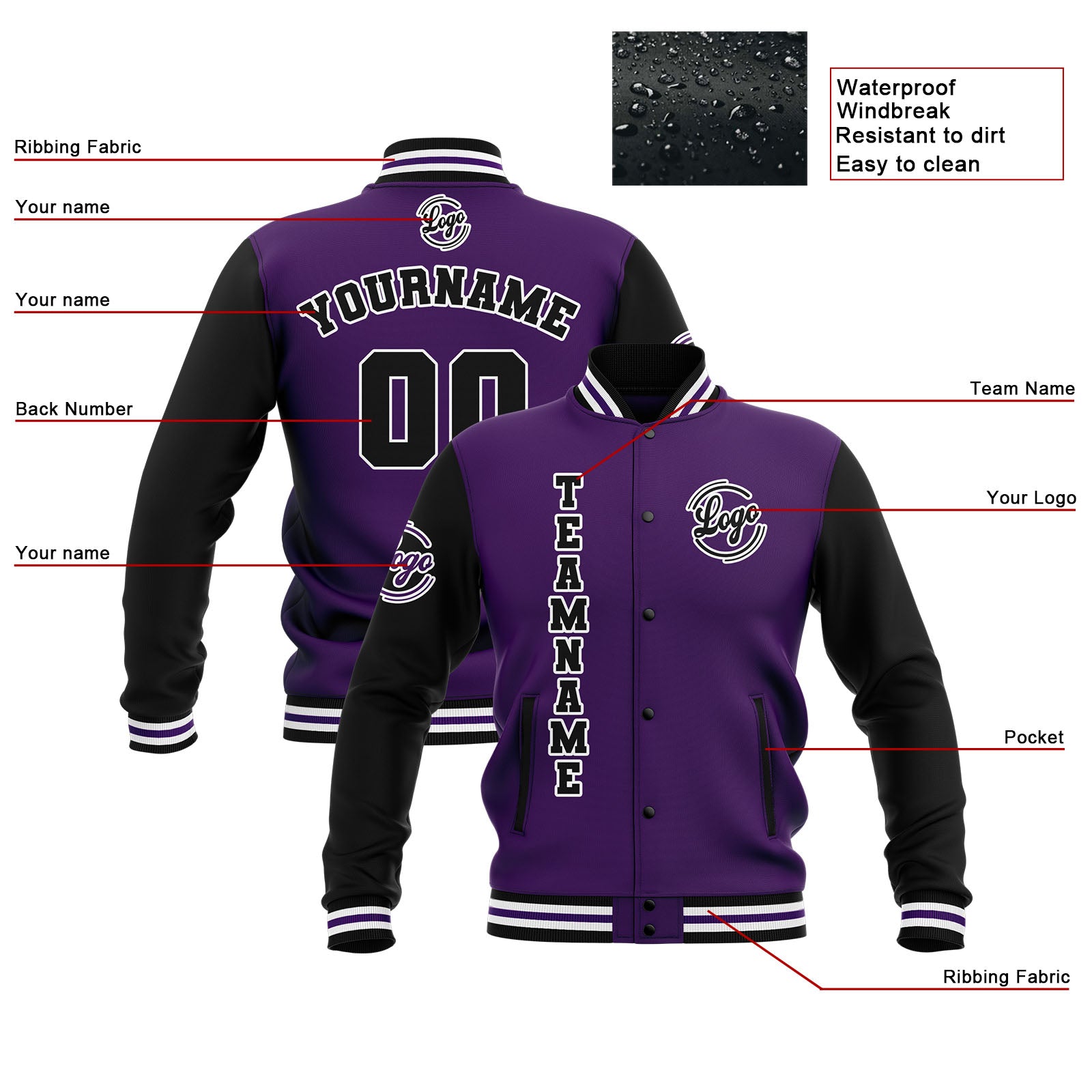 Custom Black Purple White  Waterproof Varsity Jackets Personalized Stitched Name Number Logo to Letterman Jackets