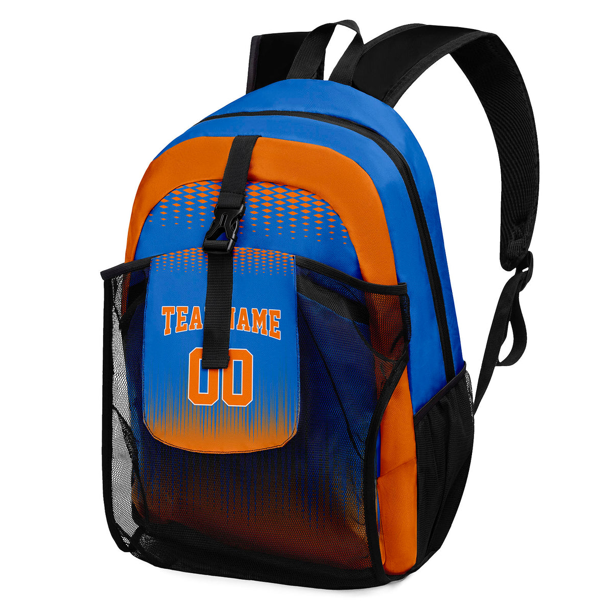 Customize Blue Orange Sports Backpacks Featuring Personalized Names, Numbers and Logos