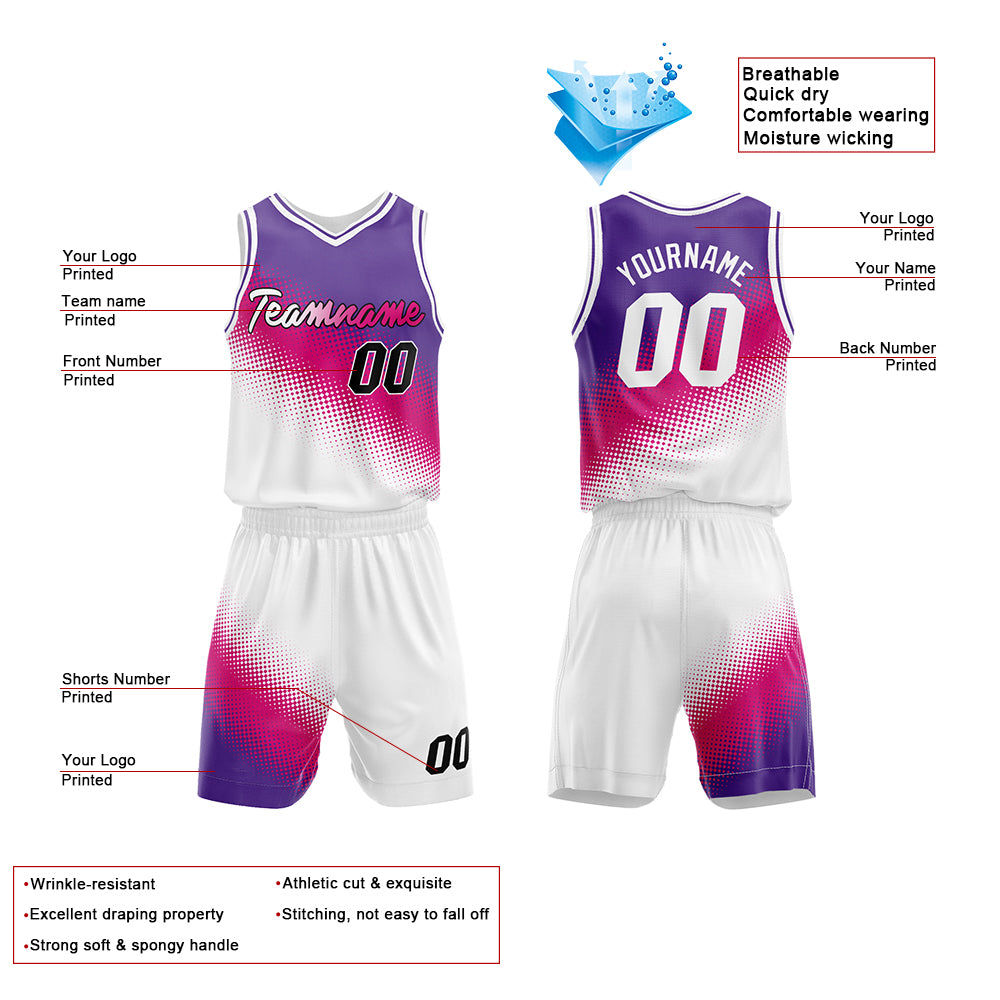 Custom Purple-Hot Pink-White Basketball Jersey for man women uniform Suit Kids Adults Personalized Jersey