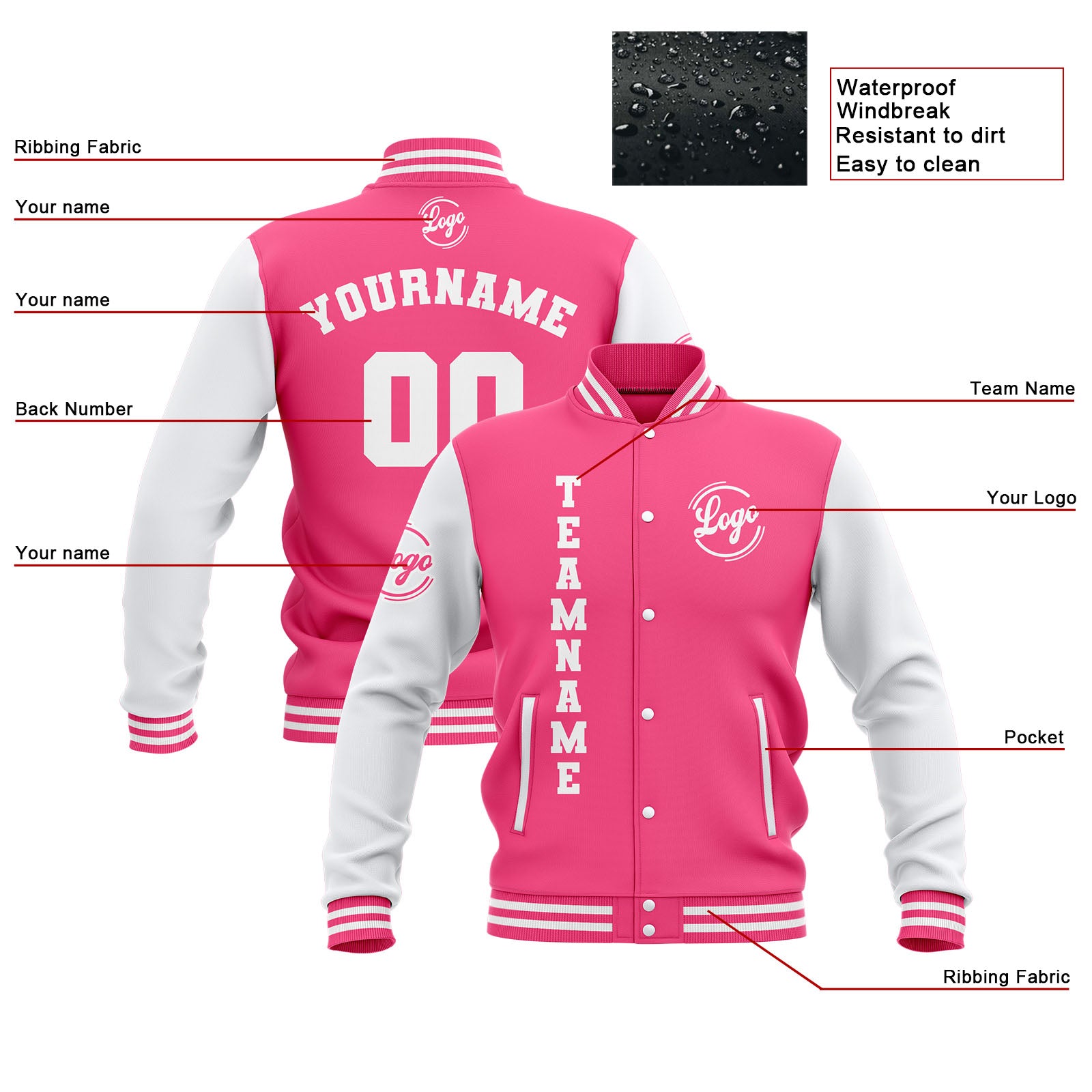 Custom Pink White Waterproof Varsity Jackets Personalized Stitched Name Number Logo to Letterman Jackets