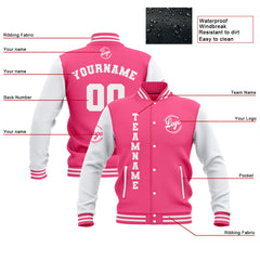 Custom Pink White Waterproof Varsity Jackets Personalized Stitched Name Number Logo to Letterman Jackets