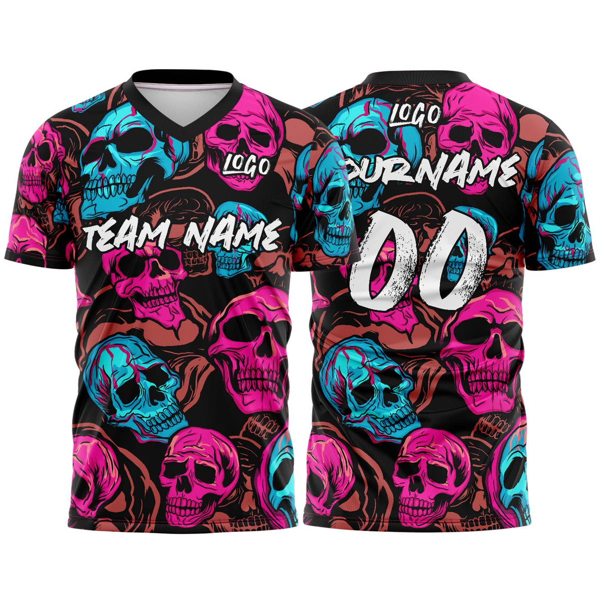 Custom Skull-Pink&Blue T-Shirts for Sports Fans, Personalized Name and Number