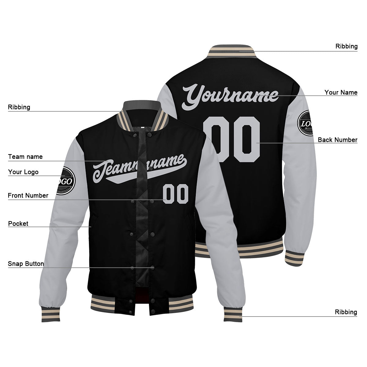 Custom Varsity Jacket Letterman Jacket For Men, Women And Youth Grey Black Cream