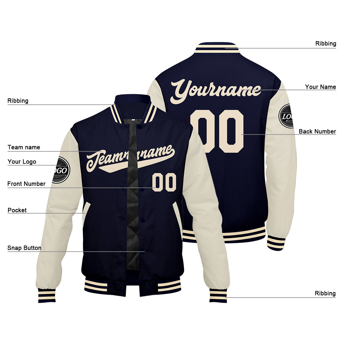 Custom Varsity Jacket Letterman Jacket For Men, Women And Youth Navy Cream