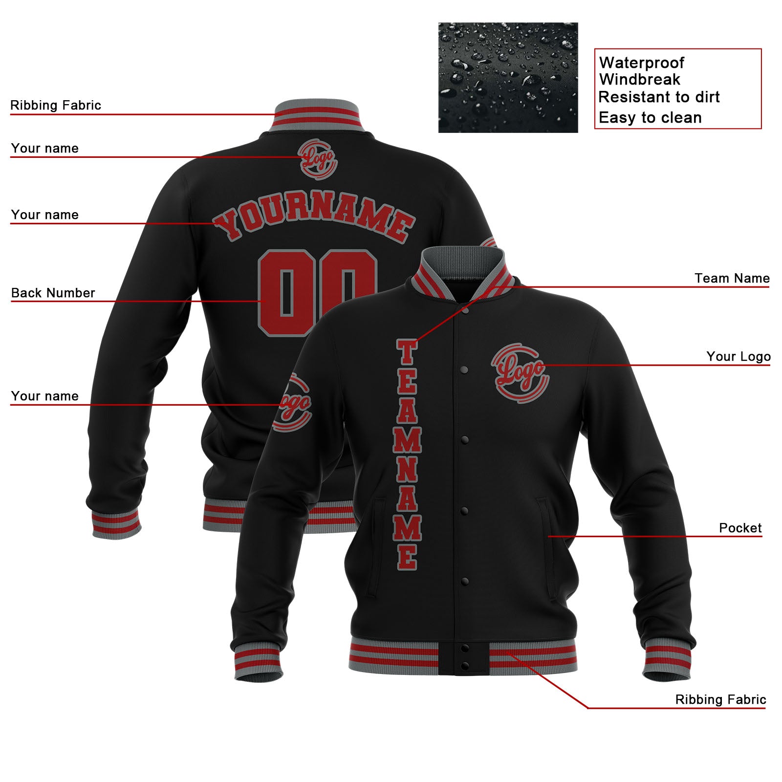 Custom Black Red Grey  Waterproof Varsity Jackets Personalized Stitched Name Number Logo to Letterman Jackets