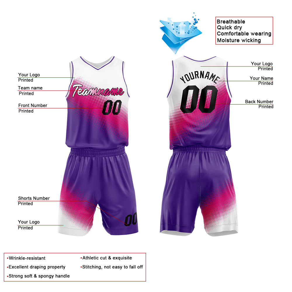 Custom White-Hot Pink-Purple Basketball Jersey for man women uniform Suit Kids Adults Personalized Jersey