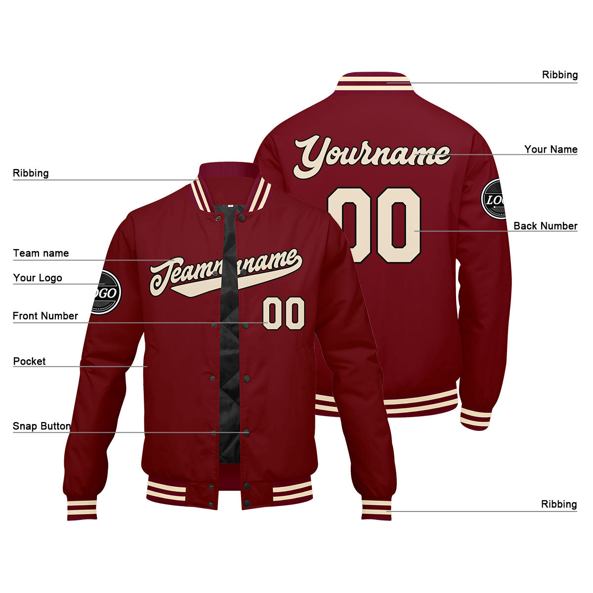 Custom Varsity Jacket Letterman Jacket For Men, Women And Youth Crimson Crimson Cream