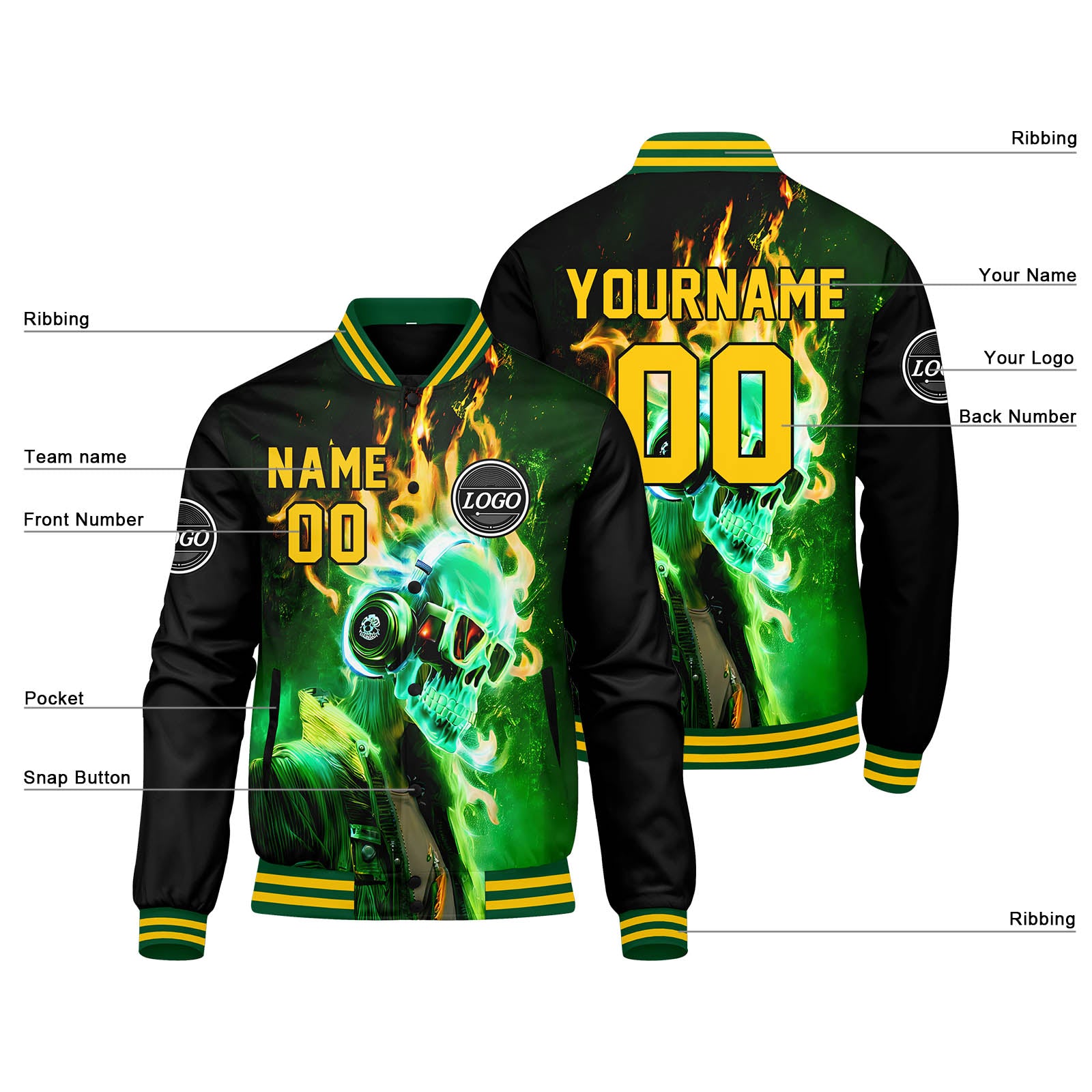 Custom Varsity Jacket Letterman Jacket For Men, Women And Youth Green Yellow