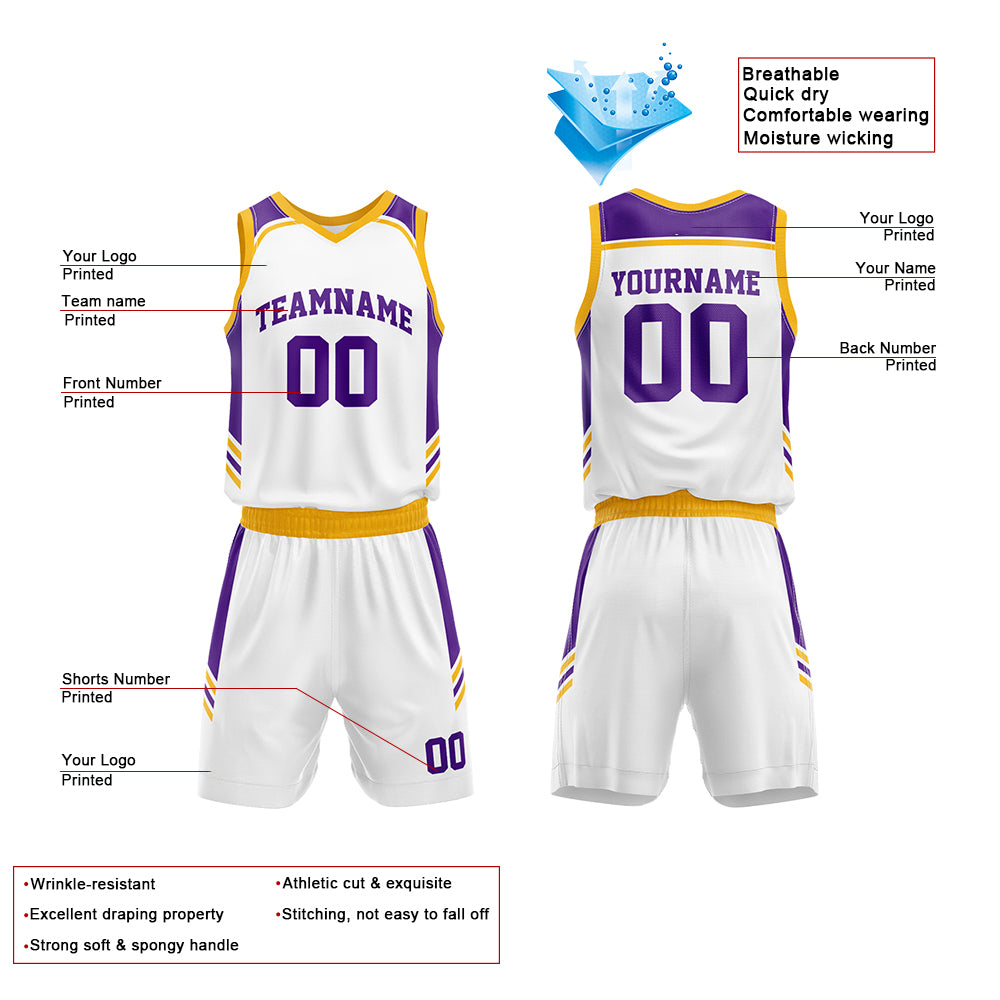 Custom White-Purple-Yellow Basketball Jersey for man women uniform Suit Kids Adults Personalized Jersey