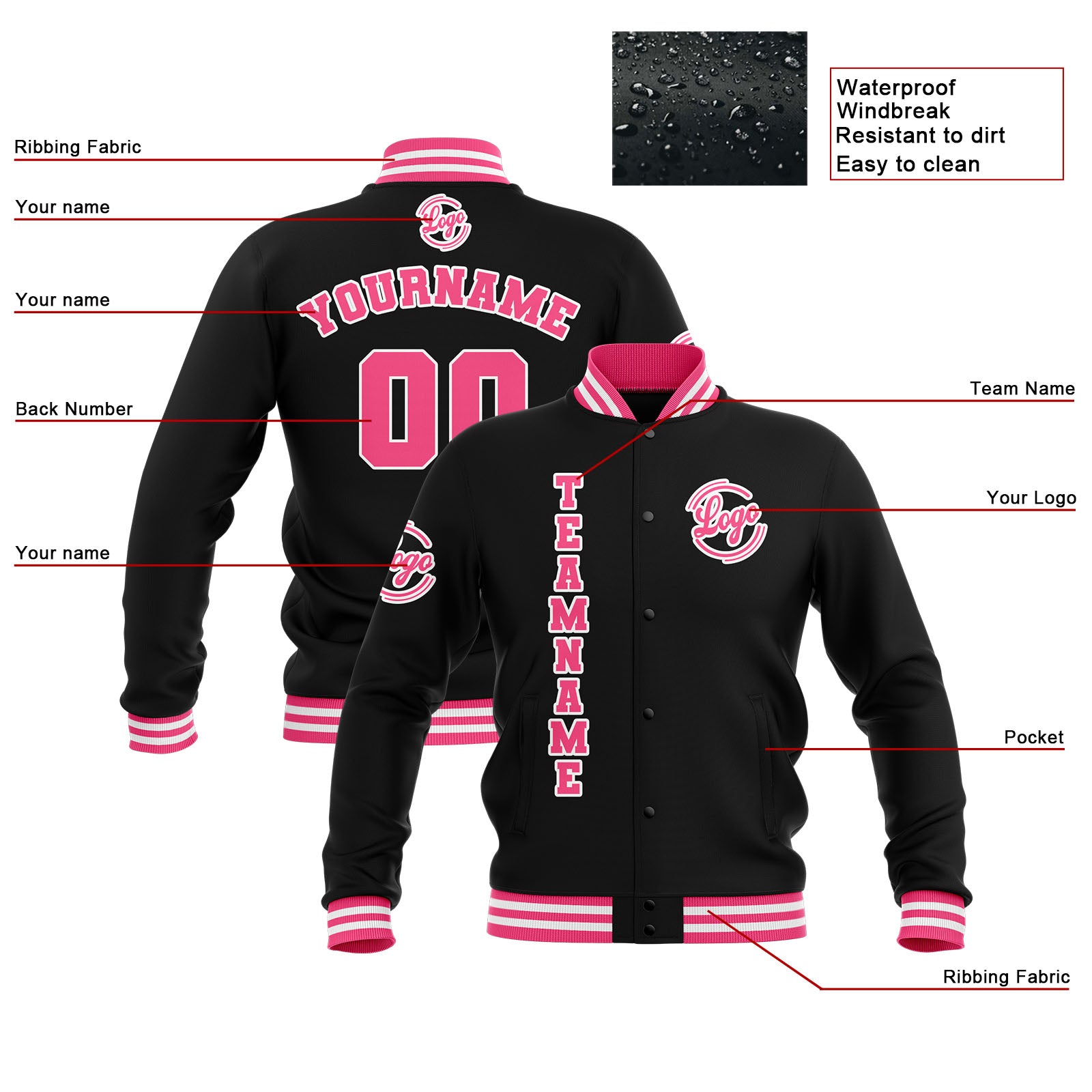 Custom Black Pink White  Waterproof Varsity Jackets Personalized Stitched Name Number Logo to Letterman Jackets