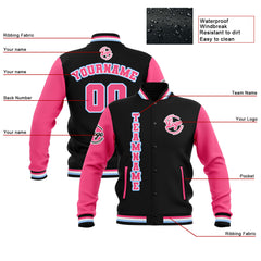 Custom Black Pink Light Blue  Waterproof Varsity Jackets Personalized Stitched Name Number Logo to Letterman Jackets