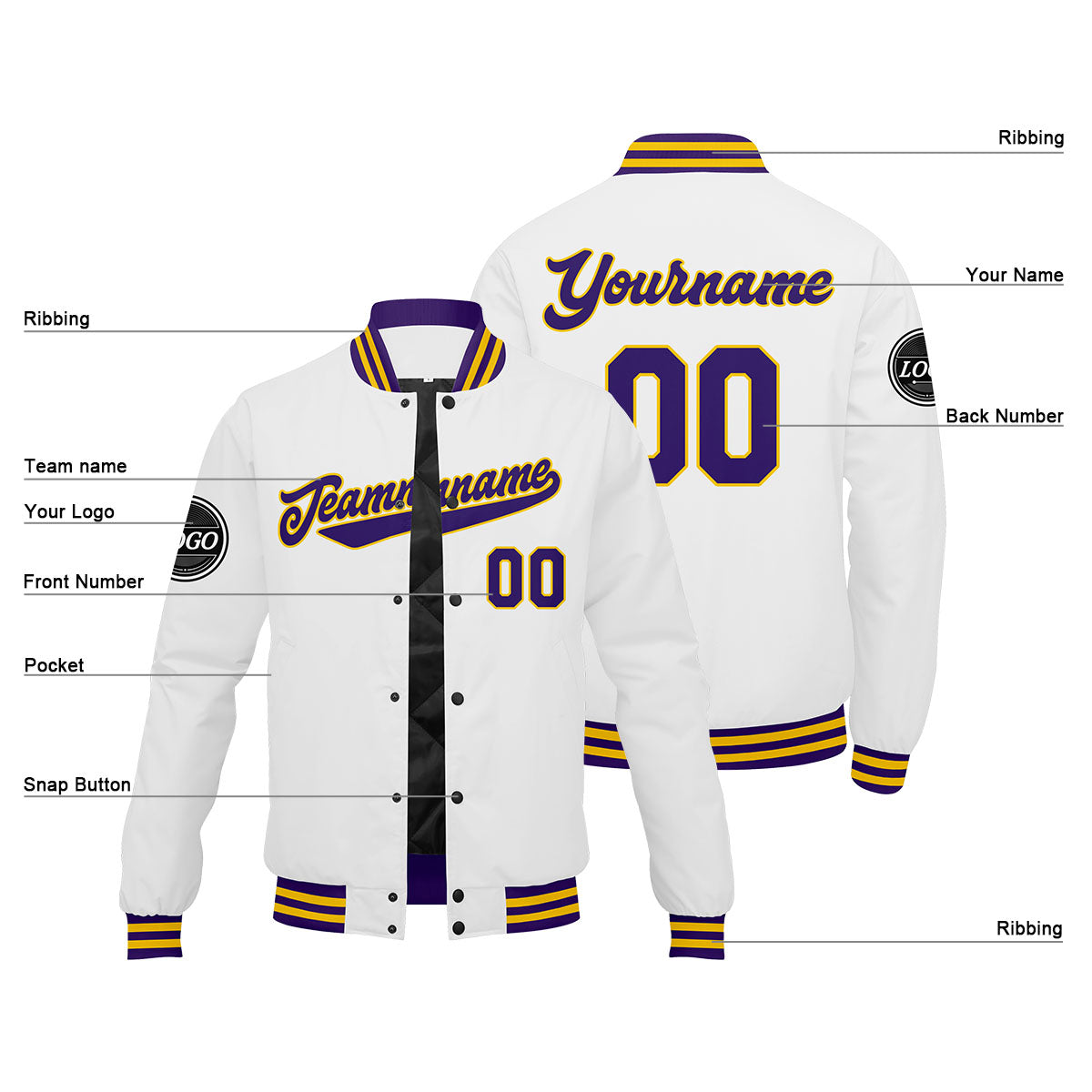 Custom Varsity Jacket Letterman Jacket For Men, Women And Youth Purple White Yellow