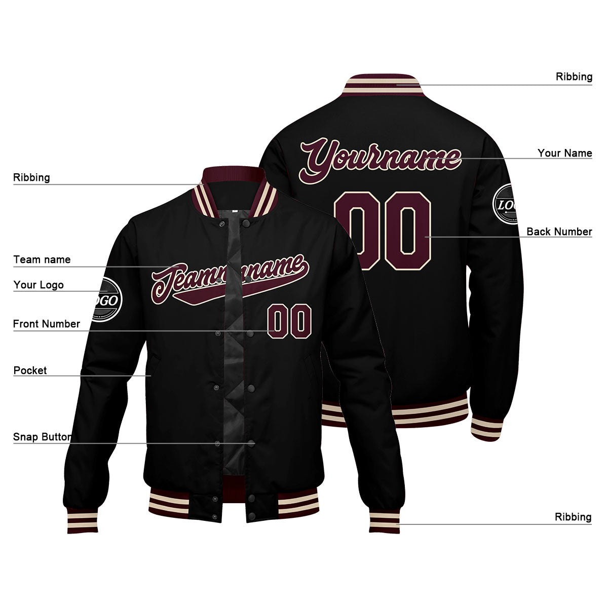 Custom Varsity Jacket Letterman Jacket For Men, Women And Youth Marroon Black