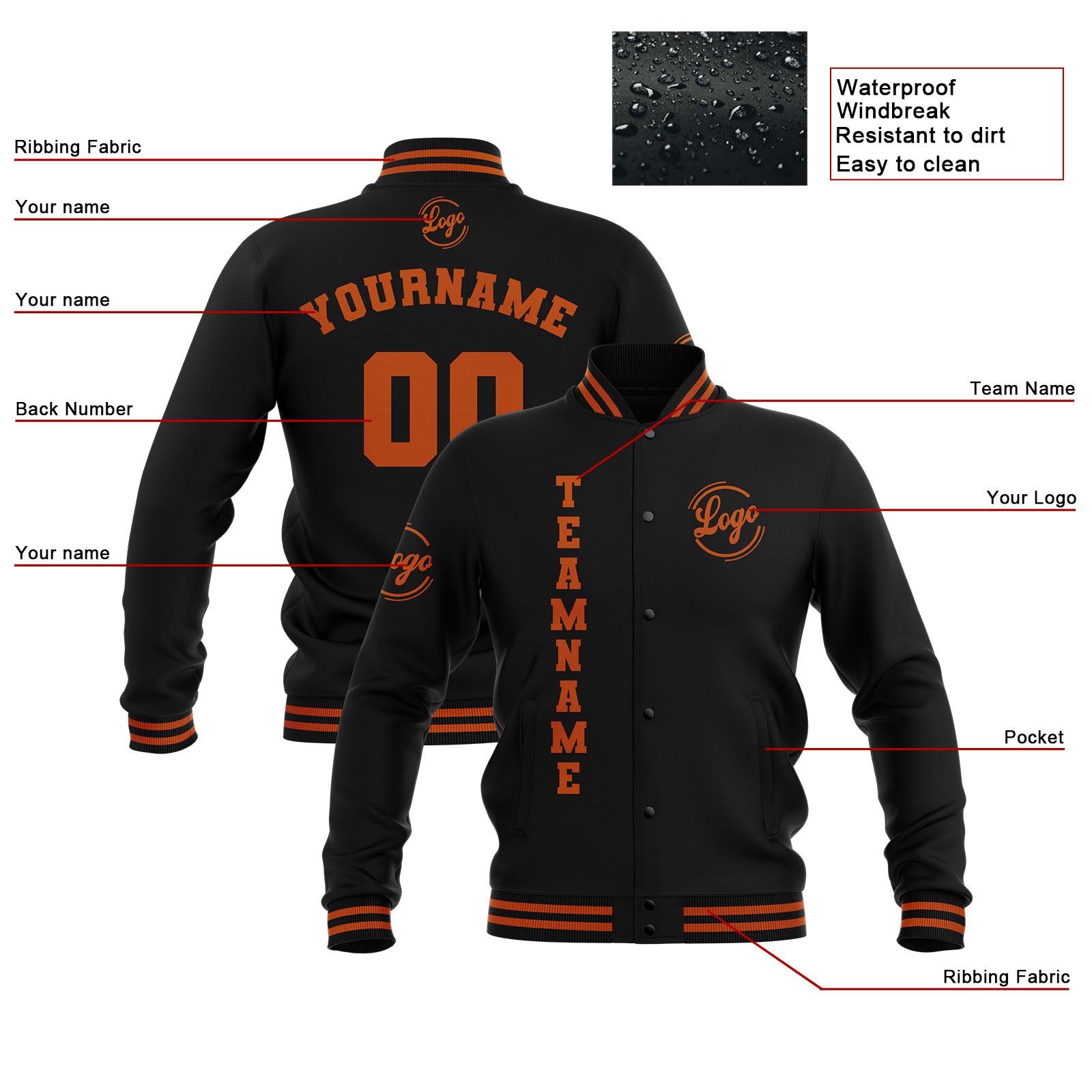 Custom Black Dark Orange Waterproof Varsity Jackets Personalized Stitched Name Number Logo to Letterman Jackets