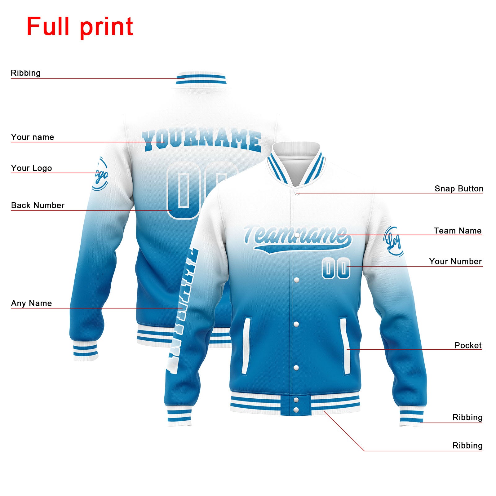 Custom Varsity Jacket Letterman Jacket For Men, Women And Youth White Blue Gradient
