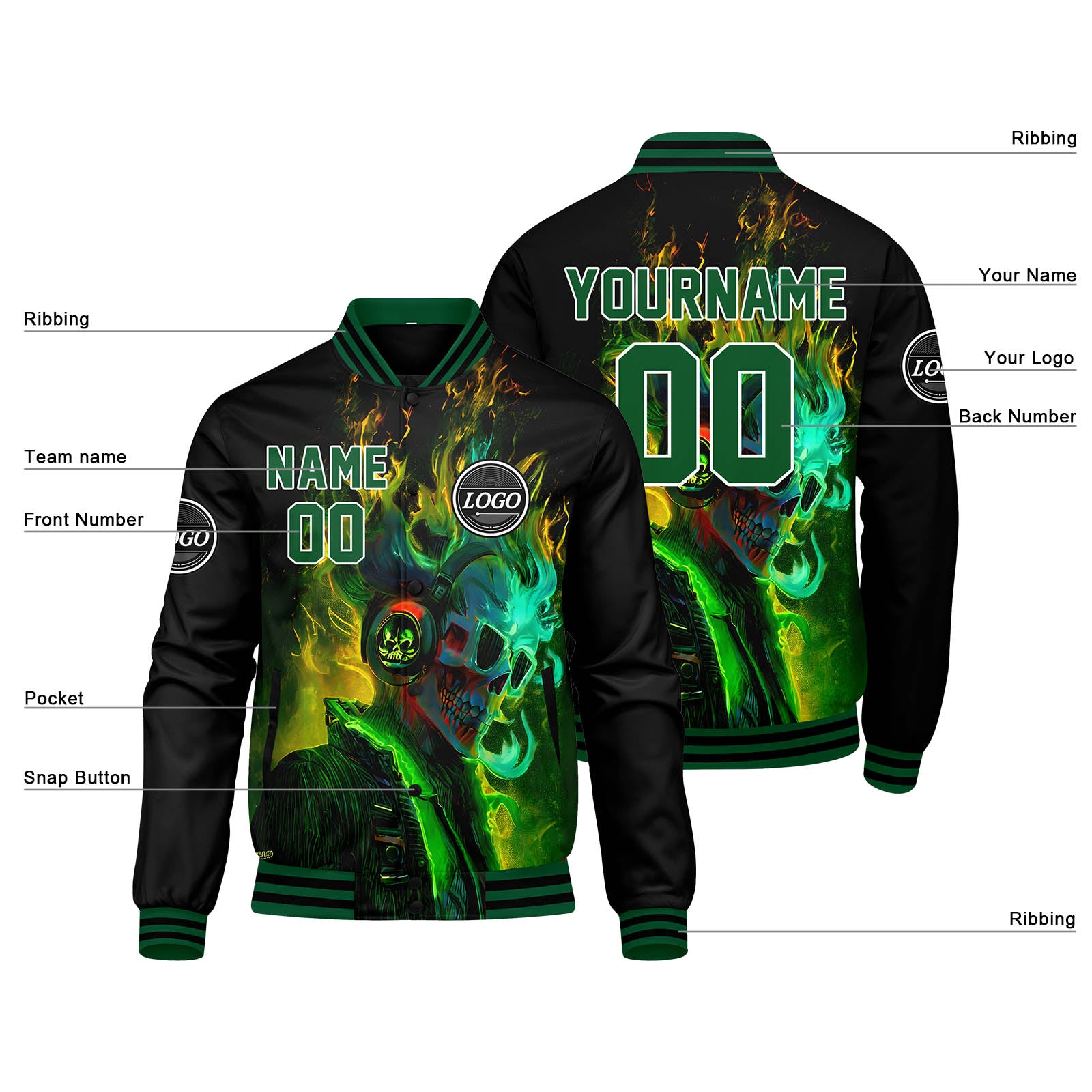 Custom Varsity Jacket Letterman Jacket For Men, Women And Youth Green Black