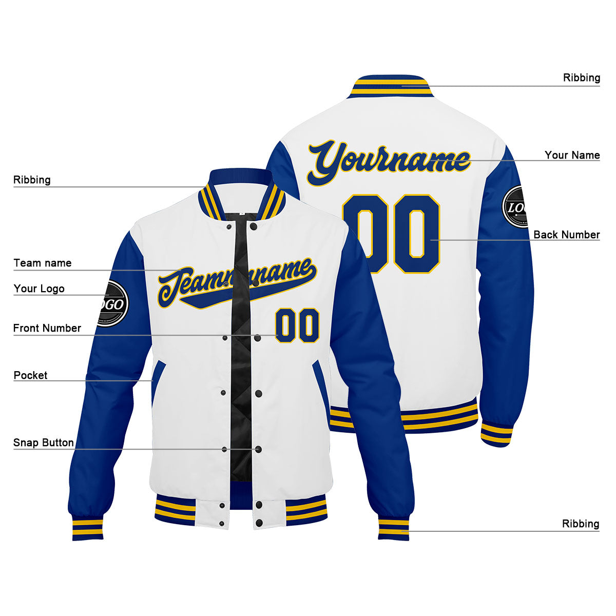 Custom Varsity Jacket Letterman Jacket For Men, Women And Youth Royal White Yellow