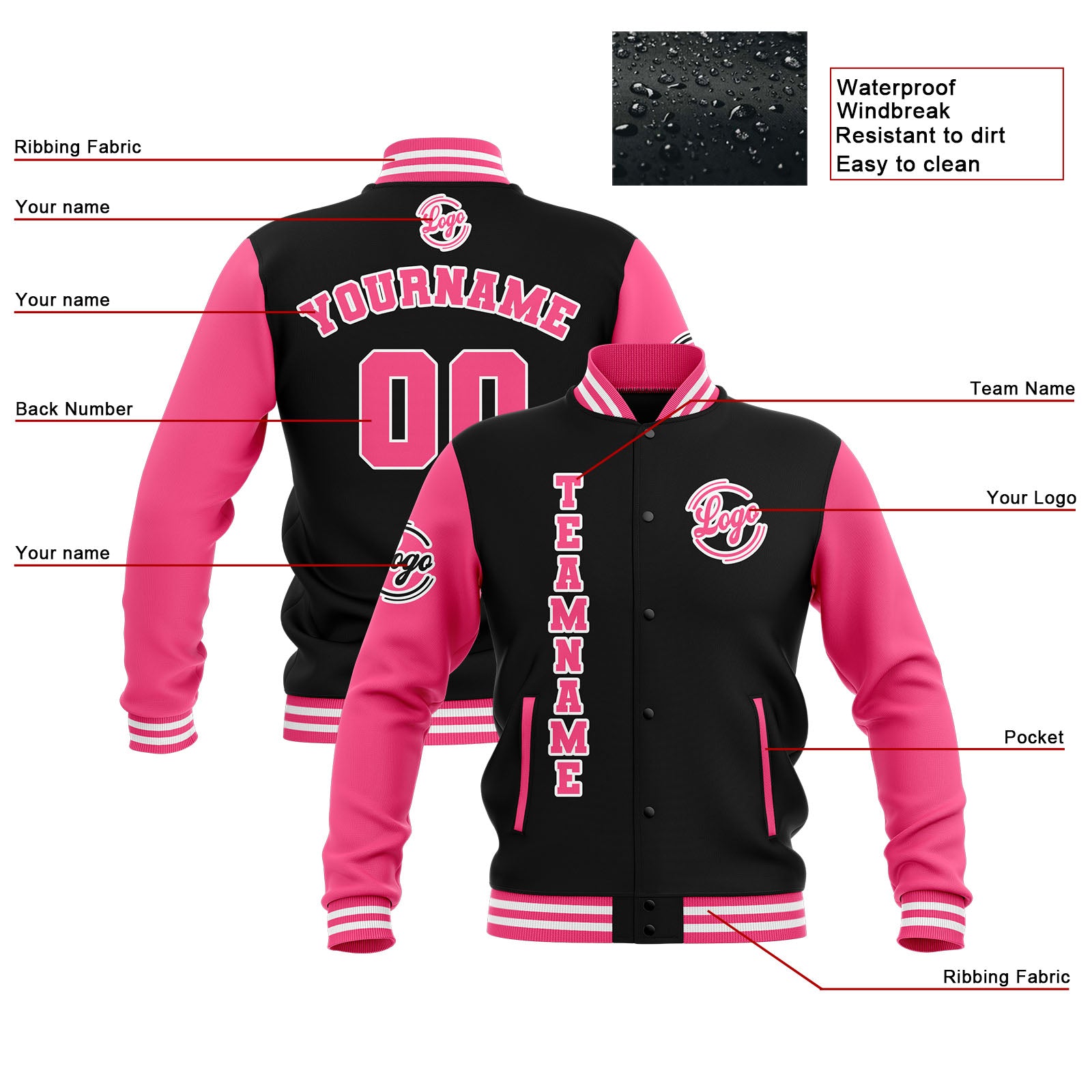 Custom Black Pink White  Waterproof Varsity Jackets Personalized Stitched Name Number Logo to Letterman Jackets