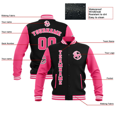 Custom Black Pink White  Waterproof Varsity Jackets Personalized Stitched Name Number Logo to Letterman Jackets