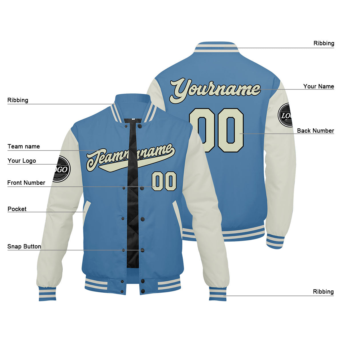 Custom Varsity Jacket Letterman Jacket For Men, Women And Youth Light Blue Cream