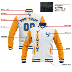 Custom White Yellow Blue Waterproof Varsity Jackets Personalized Stitched Name Number Logo to Letterman Jackets