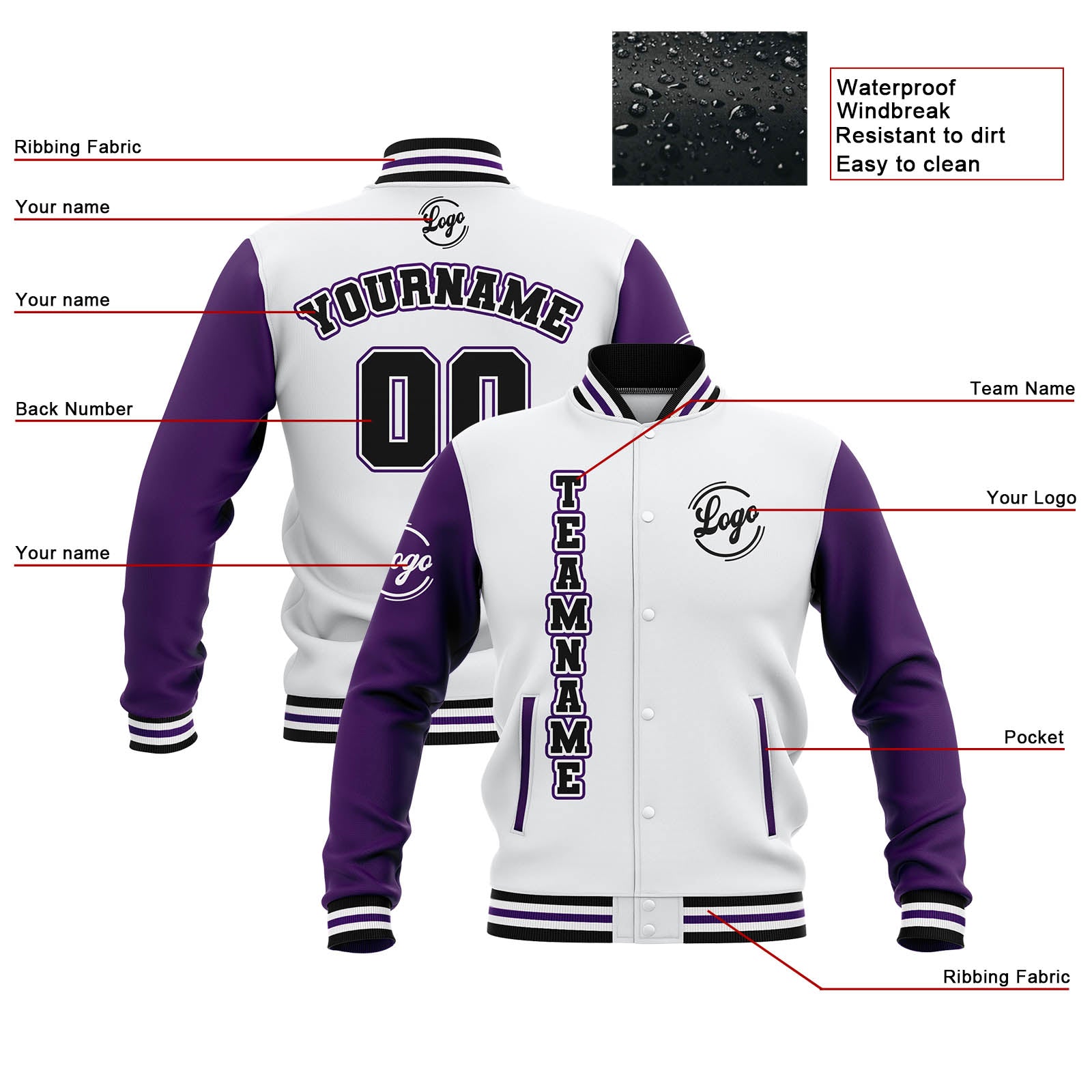 Custom White Purple Black Waterproof Varsity Jackets Personalized Stitched Name Number Logo to Letterman Jackets