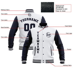 Custom White Navy Waterproof Varsity Jackets Personalized Stitched Name Number Logo to Letterman Jackets