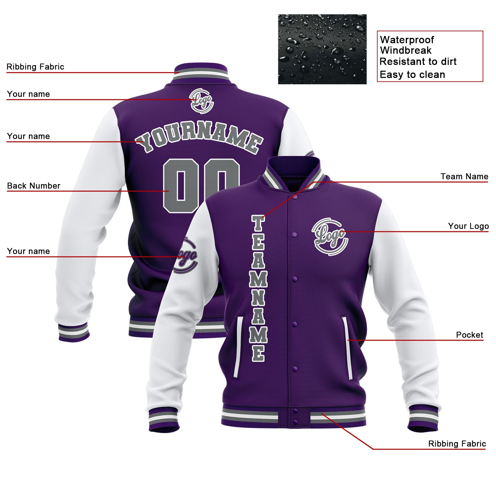 Custom Purple White Grey Waterproof Varsity Jackets Personalized Stitched Name Number Logo to Letterman Jackets