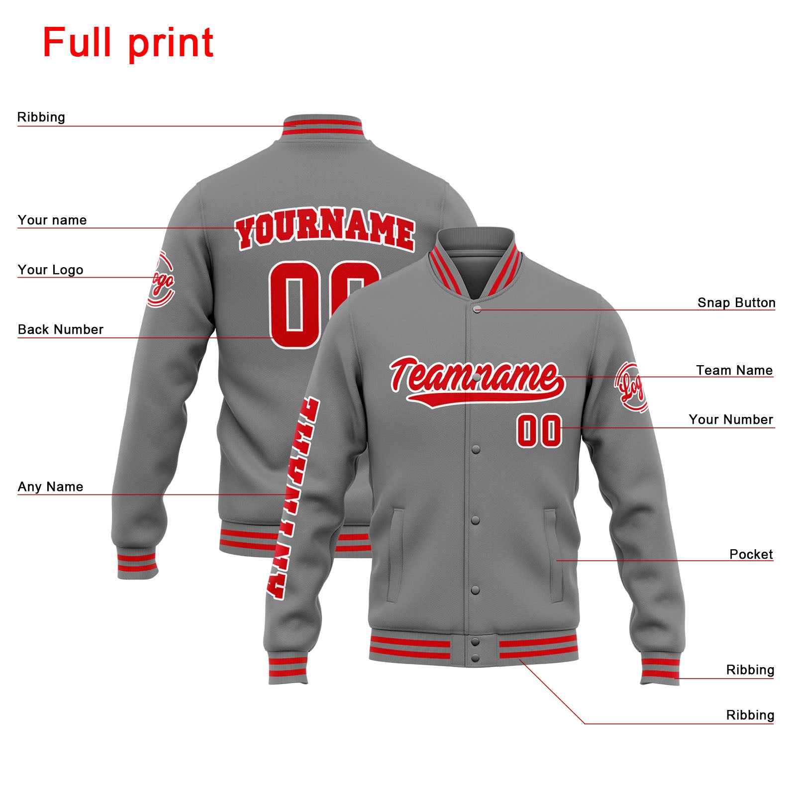 Custom Varsity Jacket Letterman Jacket For Men, Women And Youth Grey Red