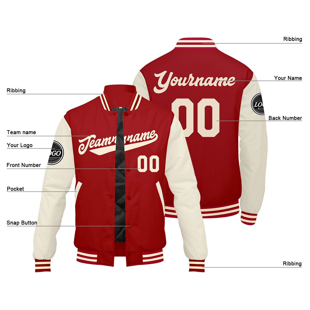 Custom Varsity Jacket Letterman Jacket For Men, Women And Youth Red Cream
