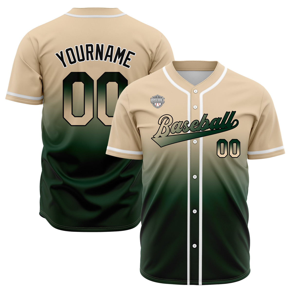 Custom Gradient Print Hip Hop Button Down Baseball Jersey Khaki&Dark Green