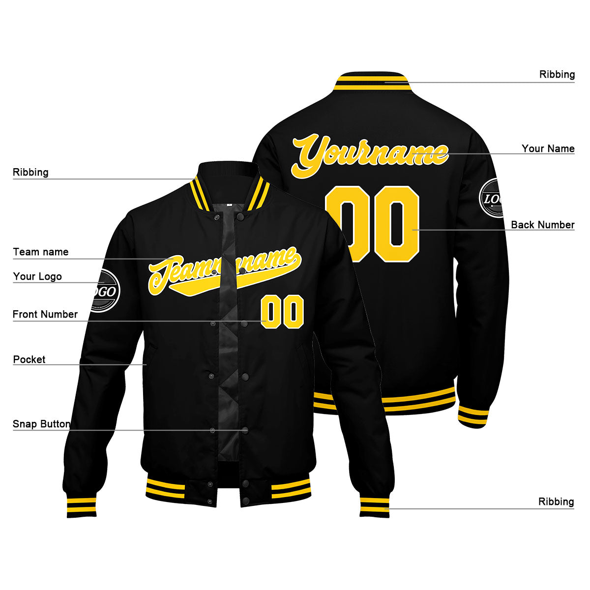 Custom Varsity Jacket Letterman Jacket For Men, Women And Youth Black Yellow