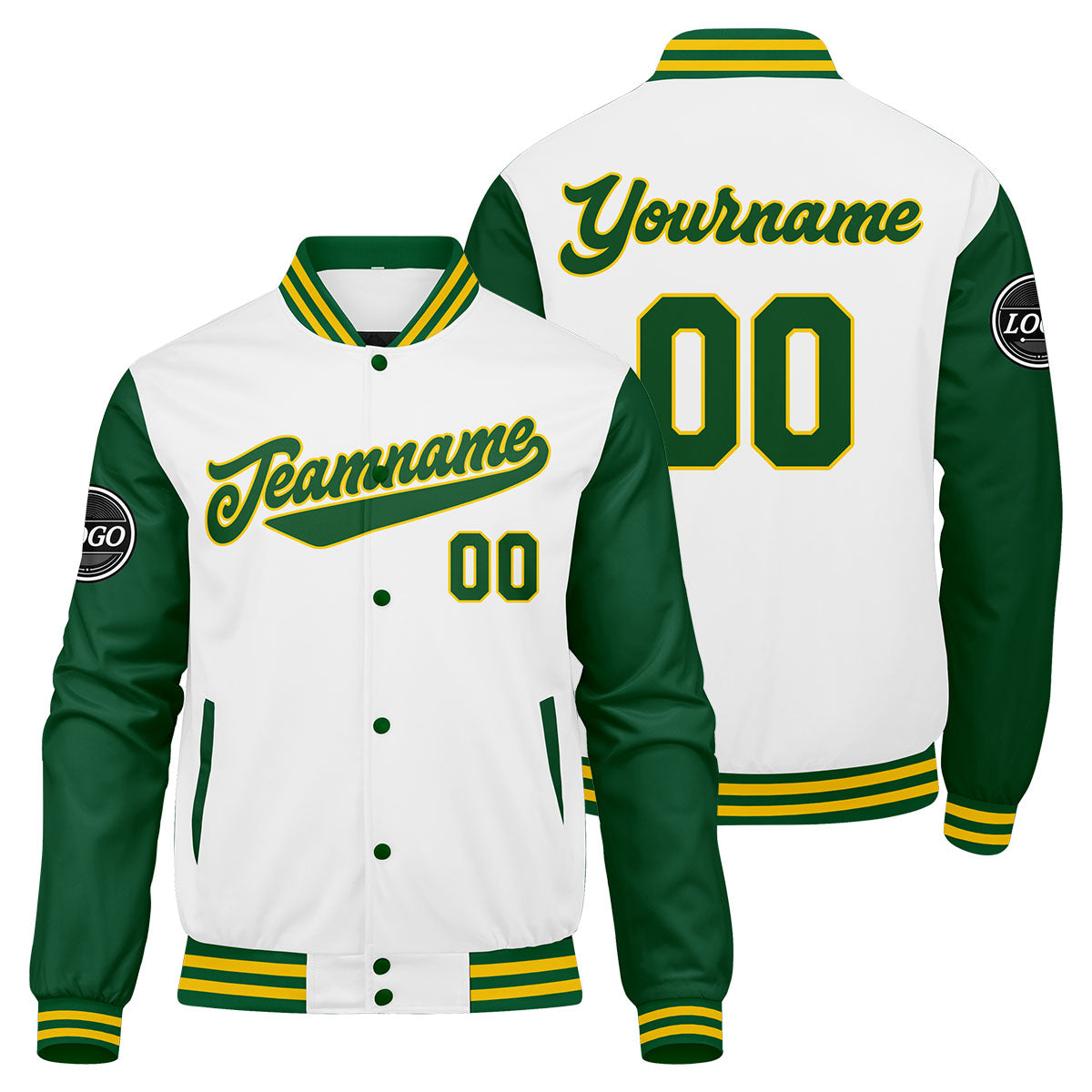 Custom Varsity Jacket Letterman Jacket For Men, Women And Youth Green Yellow White