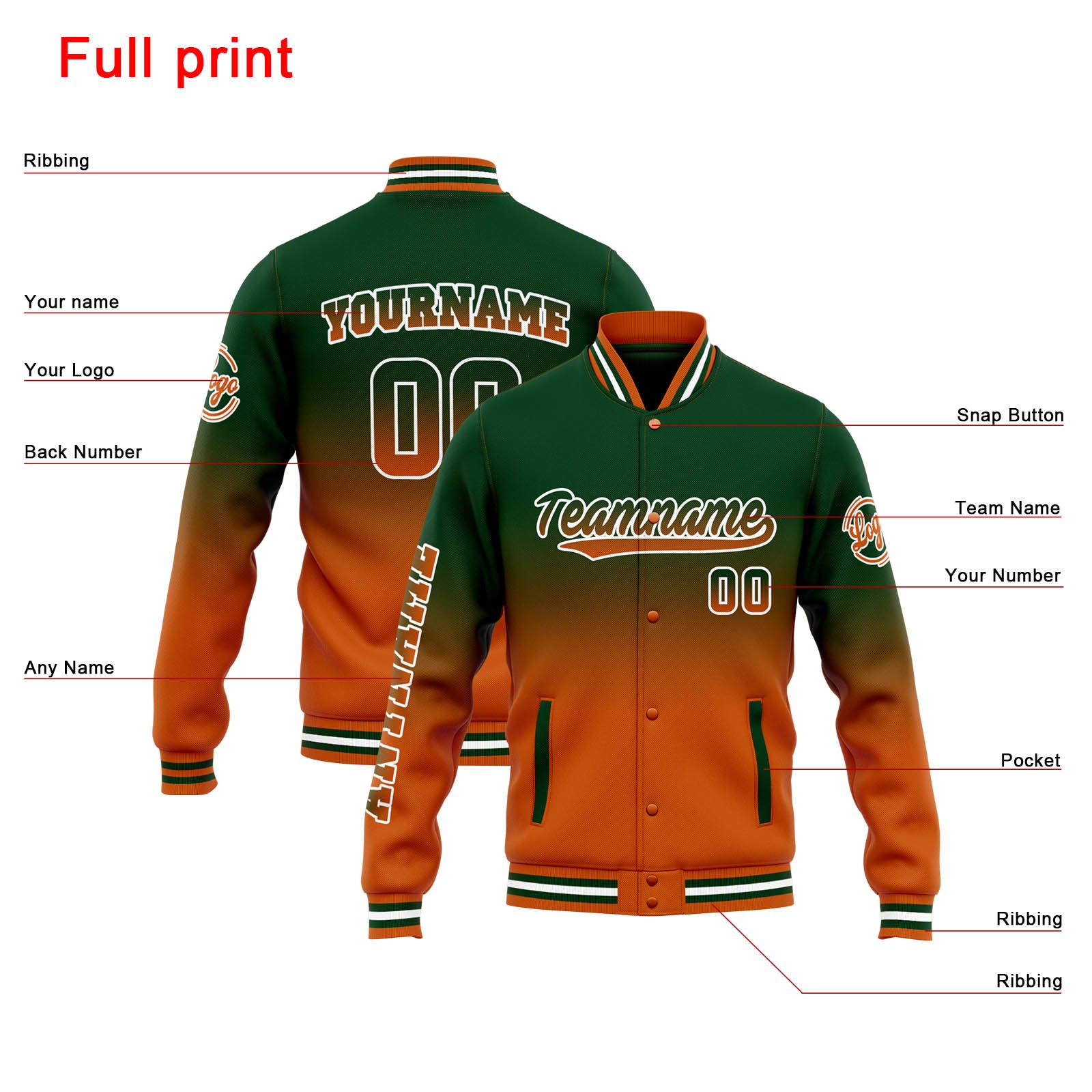 Custom Varsity Jacket Letterman Jacket For Men, Women And Youth Drak Green Orange Gradient