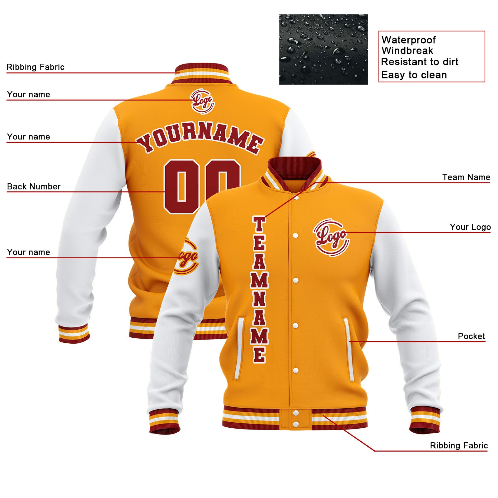 Custom Yellow Red White Waterproof Varsity Jackets Personalized Stitched Name Number Logo to Letterman Jackets