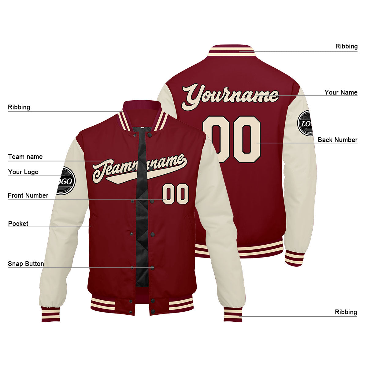 Custom Varsity Jacket Letterman Jacket For Men, Women And Youth Crimson Cream