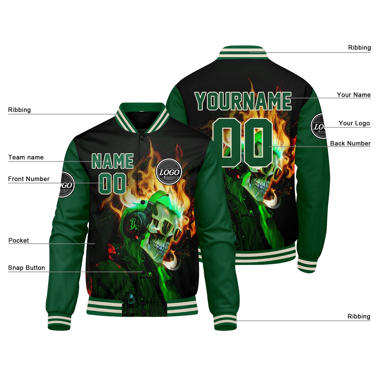 Custom Varsity Jacket Letterman Jacket For Men, Women And Youth Green Black