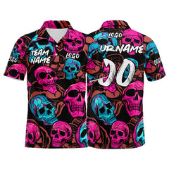 Custom Skull-Pink&Blue Football Polo Shirts Add Your Unique Logo/Name/Number