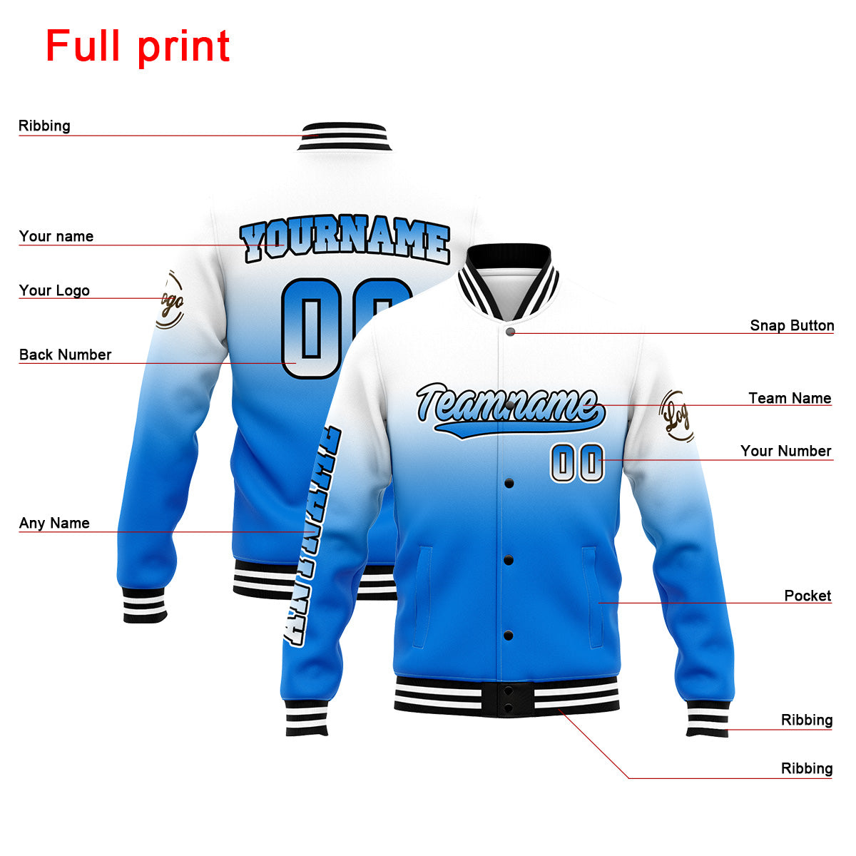 Custom Varsity Jacket Letterman Jacket For Men, Women And Youth White&Blue