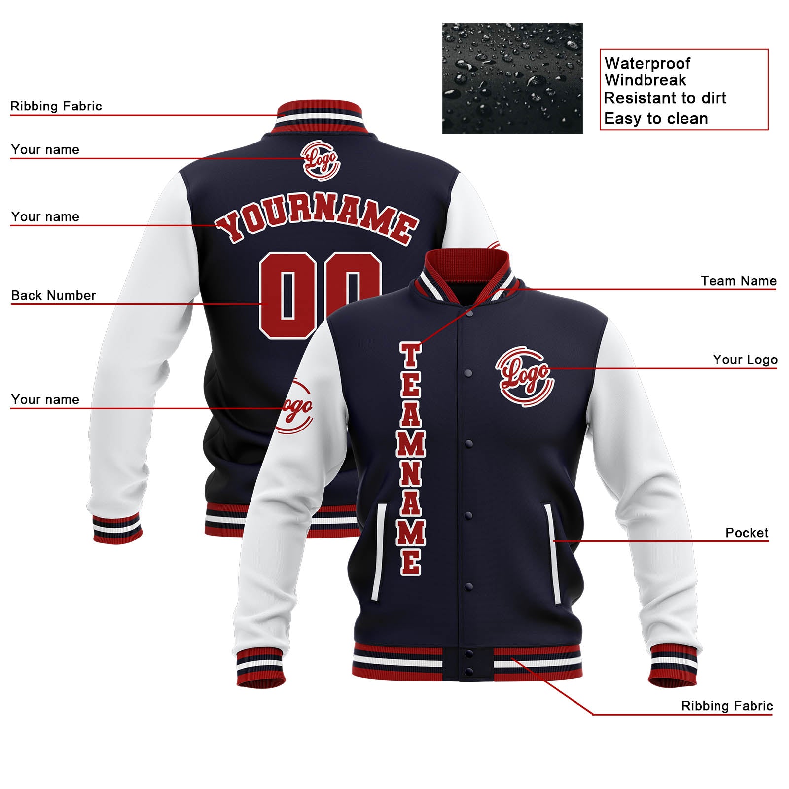 Custom Navy White Red Waterproof Varsity Jackets Personalized Stitched Name Number Logo to Letterman Jackets