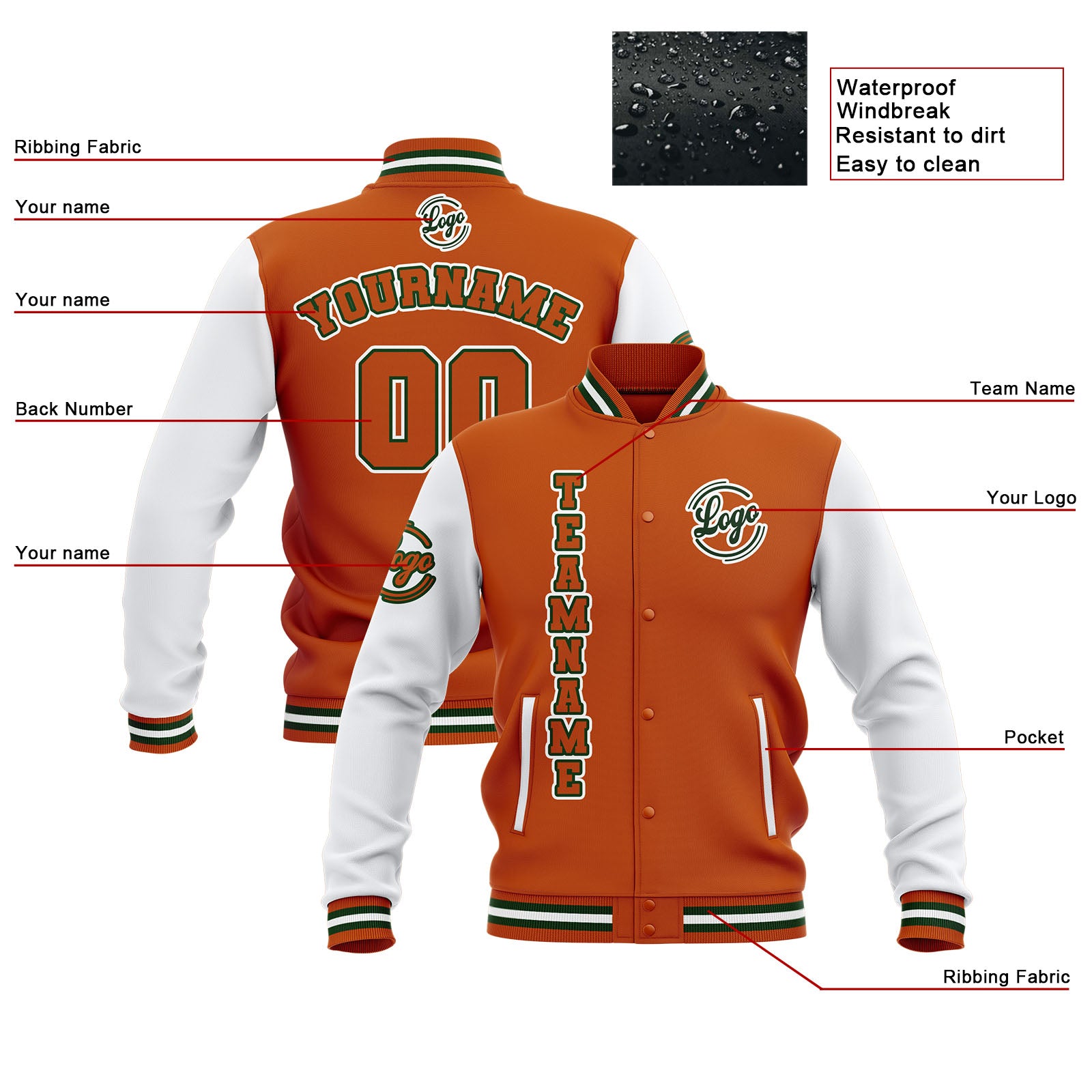 Custom Orange White Waterproof Varsity Jackets Personalized Stitched Name Number Logo to Letterman Jackets