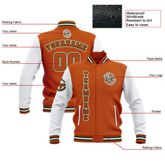 Custom Orange White Waterproof Varsity Jackets Personalized Stitched Name Number Logo to Letterman Jackets