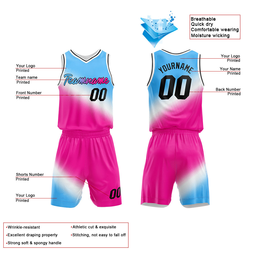 Custom Light Blue-White-Hot Pink Basketball Jersey for man women uniform Suit Kids Adults Personalized Jersey