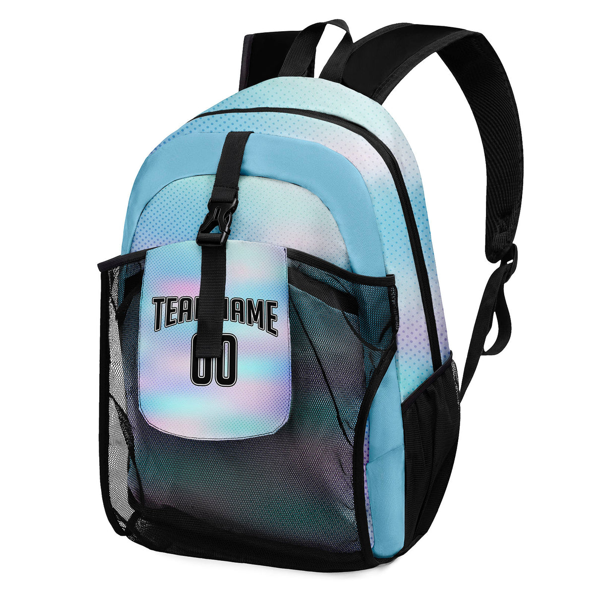 Customize Teal Black Sports Backpacks Featuring Personalized Names, Numbers and Logos