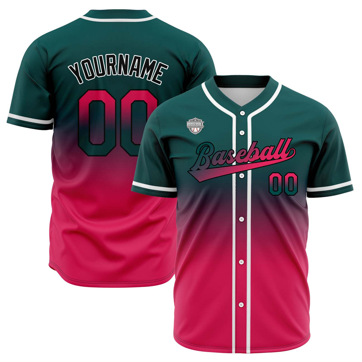 Custom Gradient Print Hip Hop Button Down Baseball Jersey Dark Green&Pink