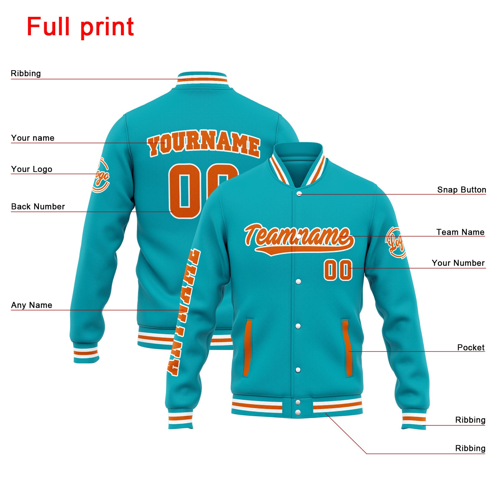 Custom Varsity Jacket Letterman Jacket For Men, Women And Youth Teal Orange